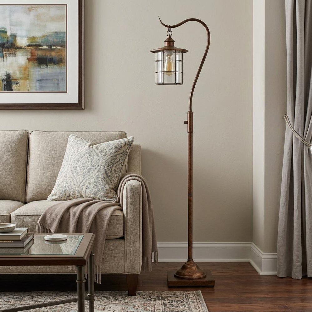 60" Rusted Traditional Shaped Floor Lamp With Rust Transparent Glass Drum Shade