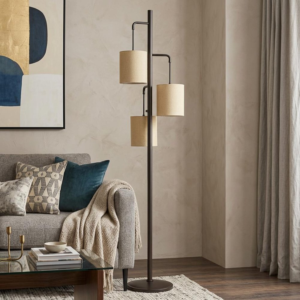 72" Bronze Three Light Traditional Shaped Floor Lamp With Beige Drum Shade