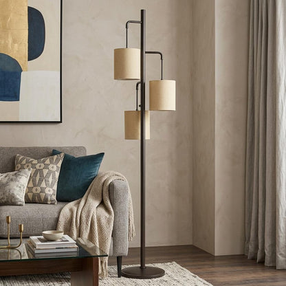 72" Bronze Three Light Traditional Shaped Floor Lamp With Beige Drum Shade
