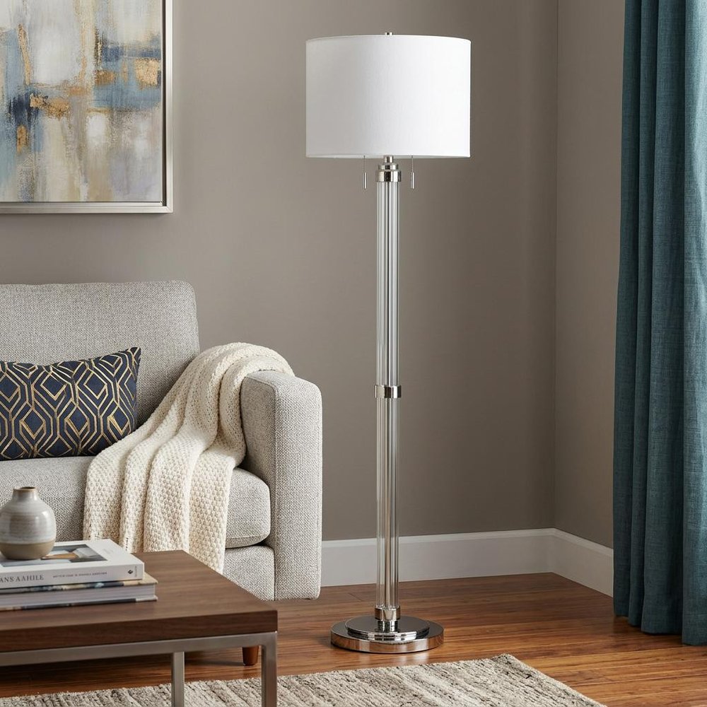 60" Chrome Two Light Traditional Shaped Floor Lamp With White Rectangular Shade