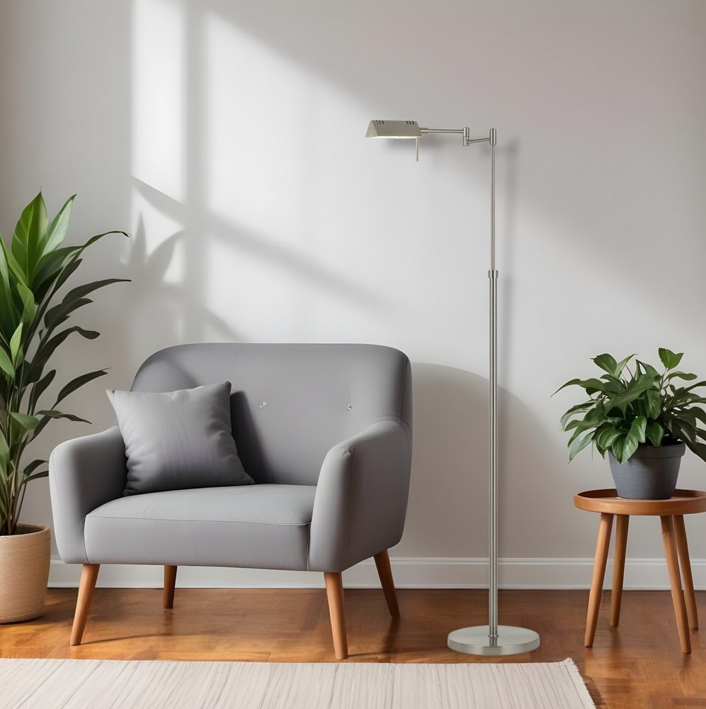 61" Nickel Metal Adjustable Swing Arm Floor Lamp With Gray Shade