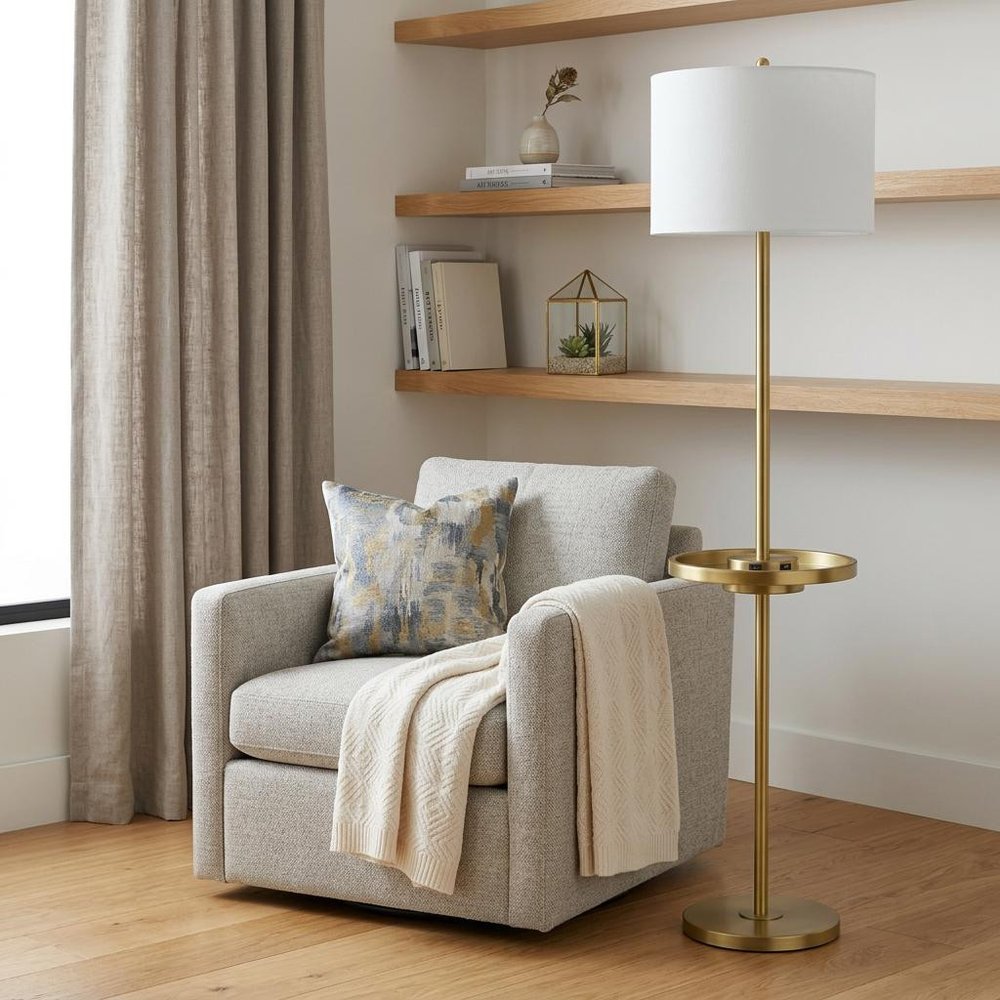 62" Brass Tray Table Floor Lamp With White Square Shade