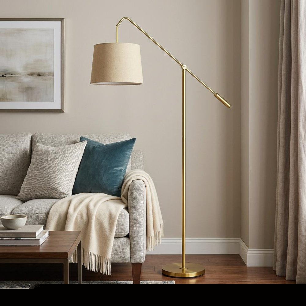 68" Brass Adjustable Traditional Shaped Floor Lamp With Antiqued Brass Drum Shade