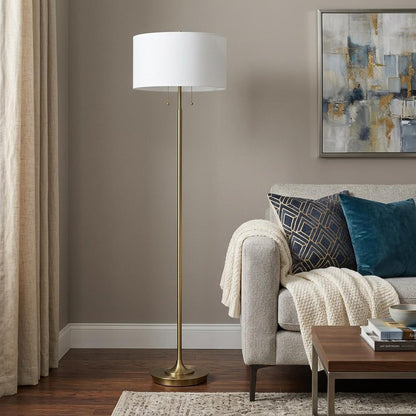 64" Brass Two Light Traditional Shaped Floor Lamp With White Rectangular Shade