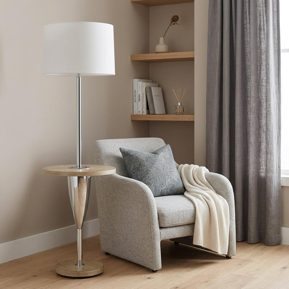 61" Chrome Tray Table Floor Lamp With White Square Shade