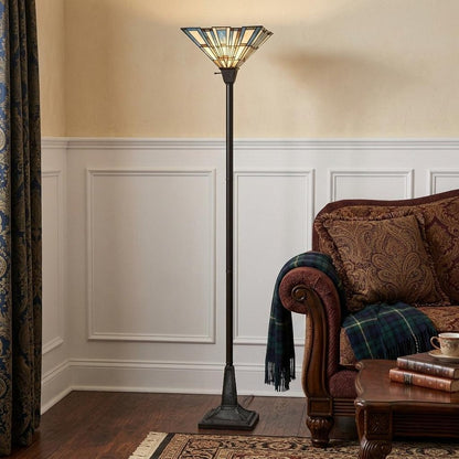 72" Bronze Torchiere Floor Lamp With Gray and Ivory Abstract Tiffany Glass Novelty Shade