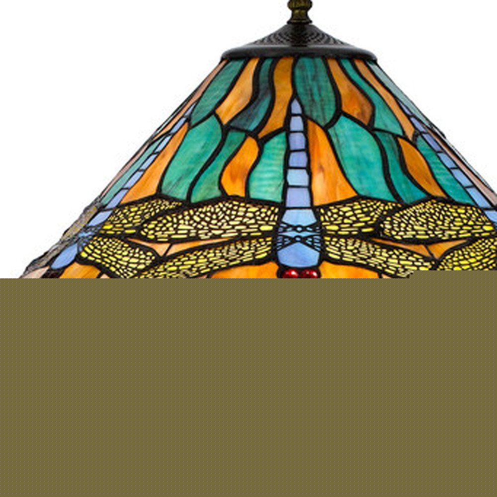 63" Brass Two Light Traditional Shaped Floor Lamp With Blue and Orange Dragonfly Tiffany Glass Empire Shade