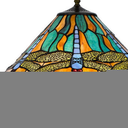 63" Brass Two Light Traditional Shaped Floor Lamp With Blue and Orange Dragonfly Tiffany Glass Empire Shade