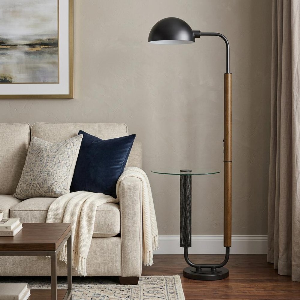 63" Brown Tray Table Floor Lamp With Bronze Transparent Glass Dome Shade