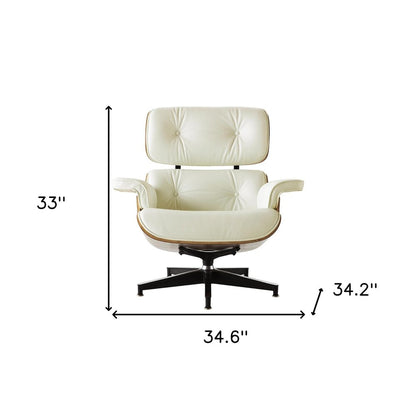 35" Beige and Dark Brown Genuine Leather Tufted Swivel Lounge Chair With Ottoman