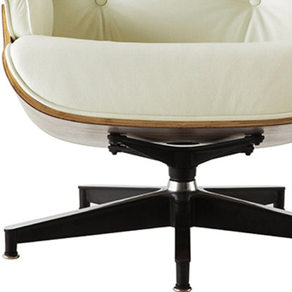 35" Beige and Dark Brown Genuine Leather Tufted Swivel Lounge Chair With Ottoman