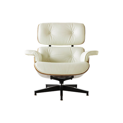 35" Beige and Dark Brown Genuine Leather Tufted Swivel Lounge Chair With Ottoman