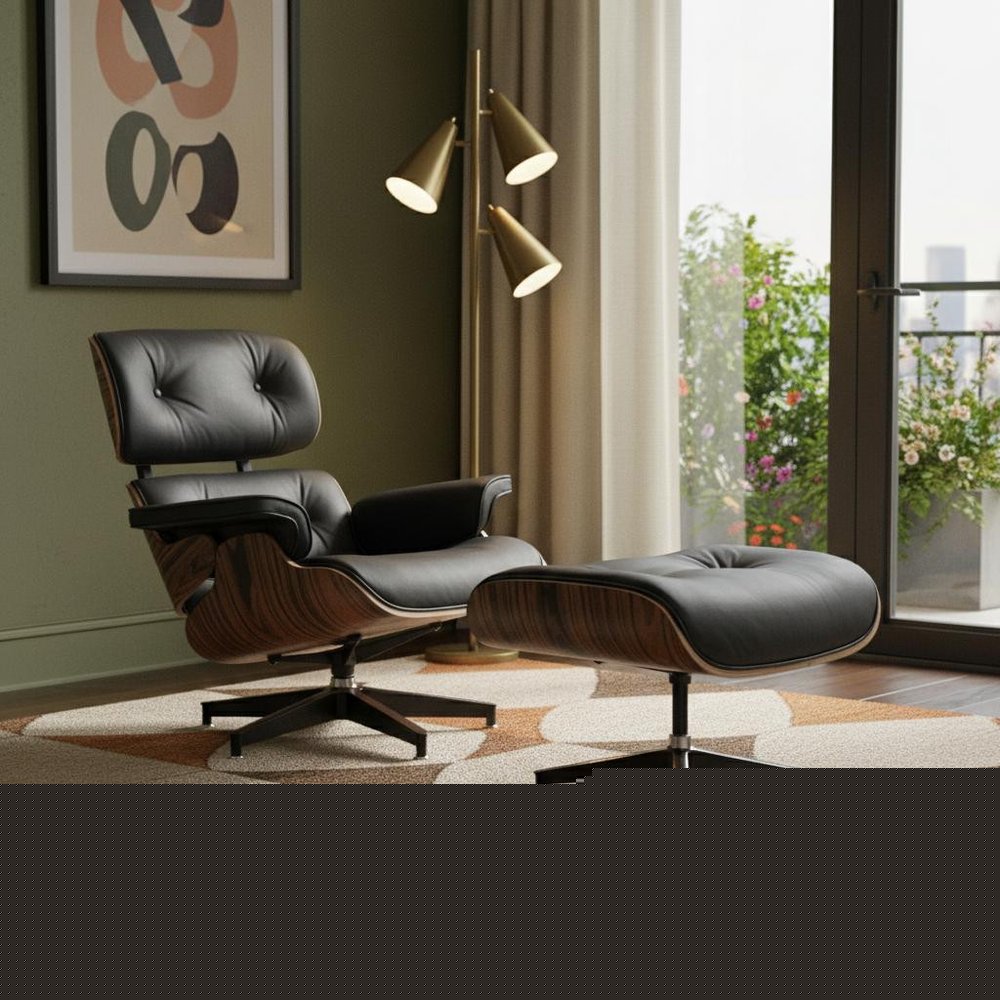 35" Black and Brown Genuine Leather Tufted Swivel Lounge Chair With Ottoman