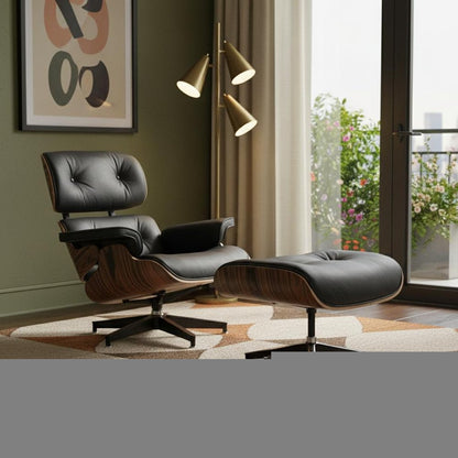 35" Black and Brown Genuine Leather Tufted Swivel Lounge Chair With Ottoman