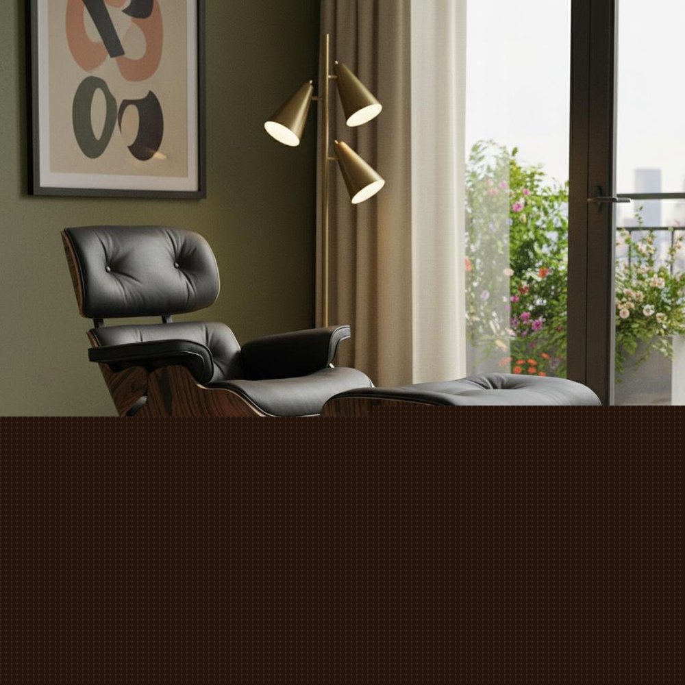 35" Black and Brown Genuine Leather Tufted Swivel Lounge Chair With Ottoman