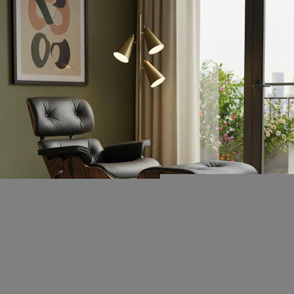 35" Black and Brown Genuine Leather Tufted Swivel Lounge Chair With Ottoman