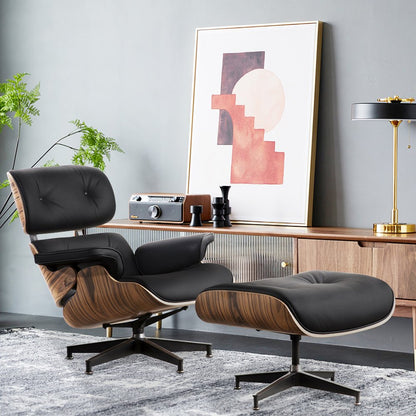 35" Black and Brown Genuine Leather Tufted Swivel Lounge Chair With Ottoman