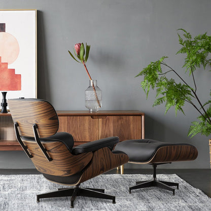 35" Black and Brown Genuine Leather Tufted Swivel Lounge Chair With Ottoman