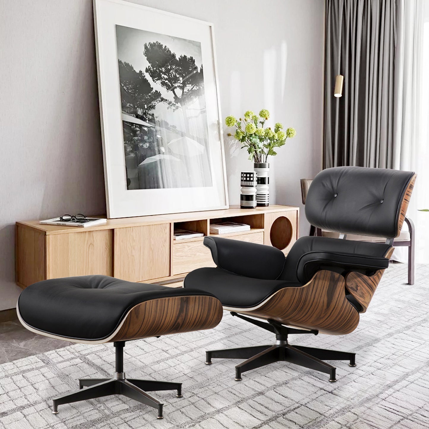 35" Black and Brown Genuine Leather Tufted Swivel Lounge Chair With Ottoman