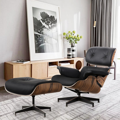 35" Black and Brown Genuine Leather Tufted Swivel Lounge Chair With Ottoman