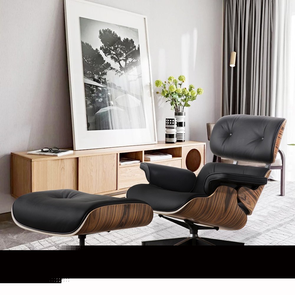 35" Black and Brown Genuine Leather Tufted Swivel Lounge Chair With Ottoman
