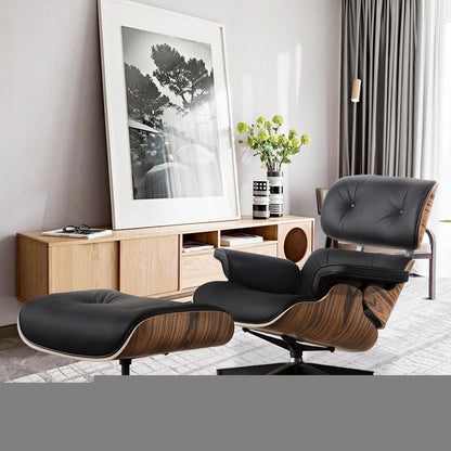 35" Black and Brown Genuine Leather Tufted Swivel Lounge Chair With Ottoman
