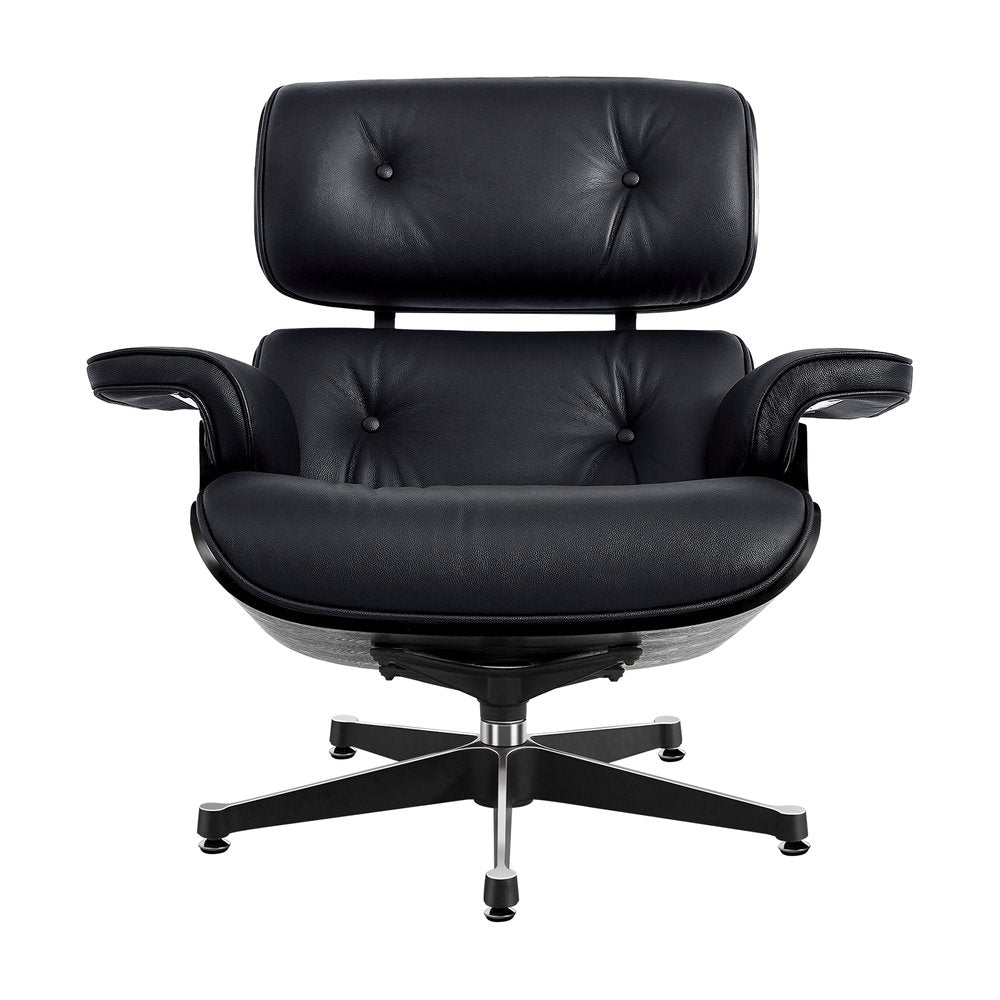35" Black Genuine Leather Tufted Swivel Lounge Chair With Ottoman