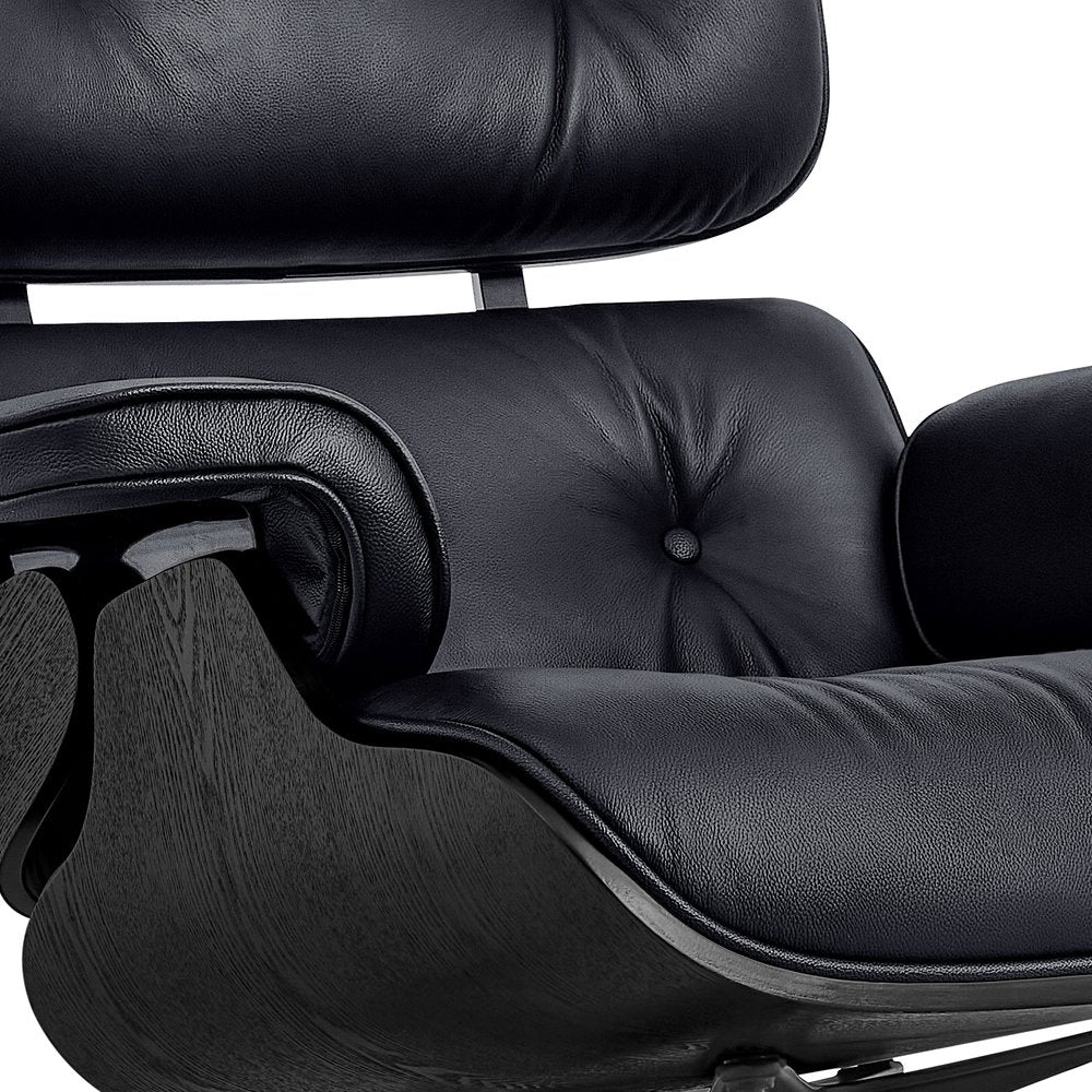 35" Black Genuine Leather Tufted Swivel Lounge Chair With Ottoman