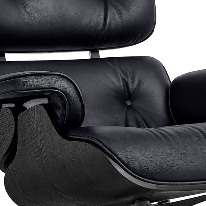 35" Black Genuine Leather Tufted Swivel Lounge Chair With Ottoman