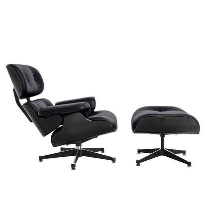 35" Black Genuine Leather Tufted Swivel Lounge Chair With Ottoman