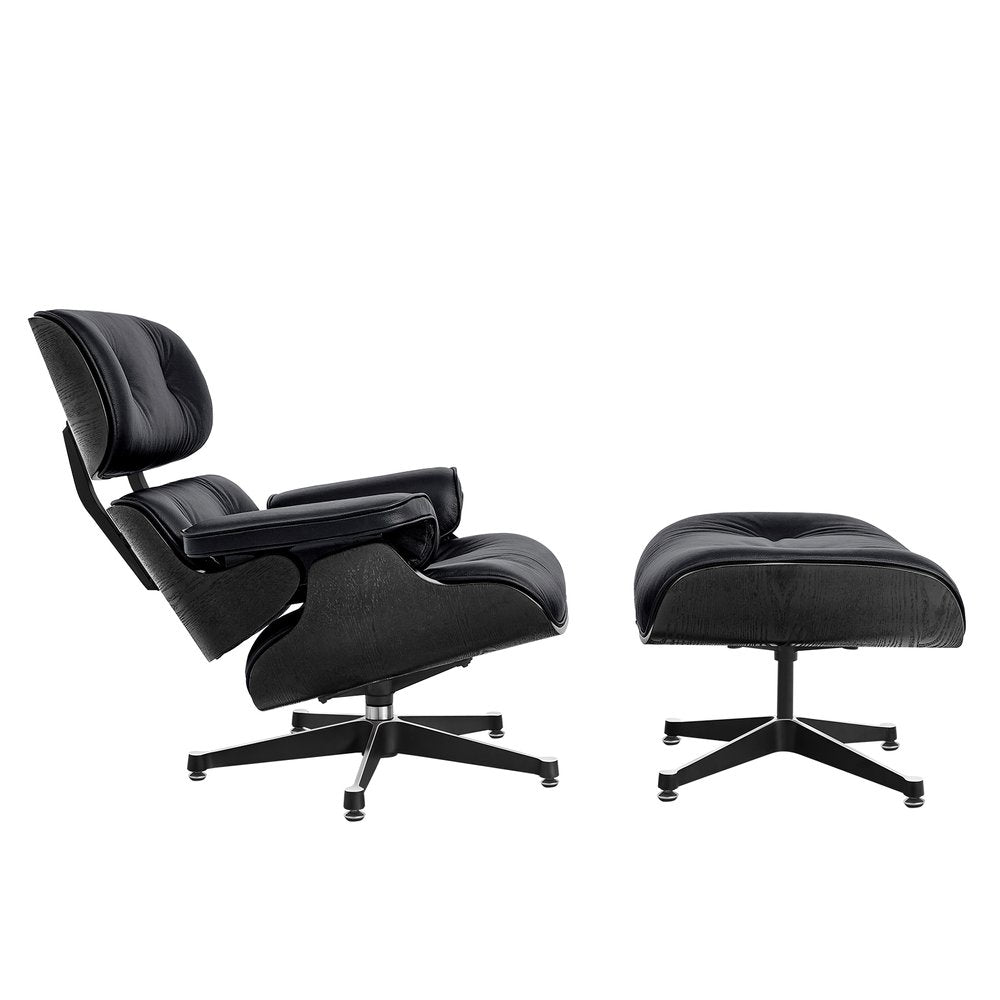 35" Black Genuine Leather Tufted Swivel Lounge Chair With Ottoman
