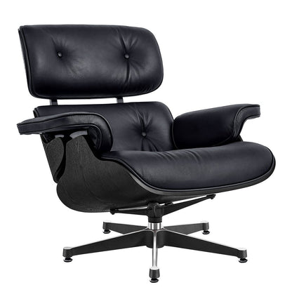 35" Black Genuine Leather Tufted Swivel Lounge Chair With Ottoman