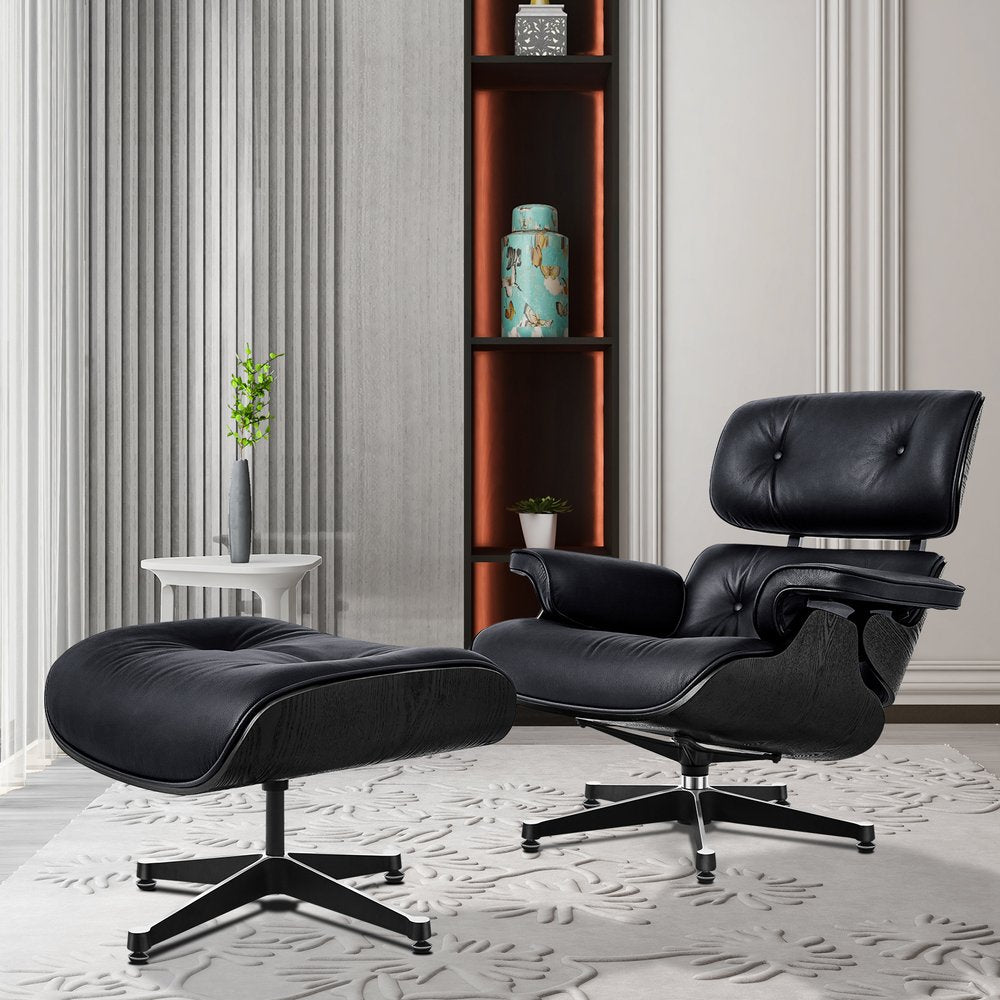 35" Black Genuine Leather Tufted Swivel Lounge Chair With Ottoman