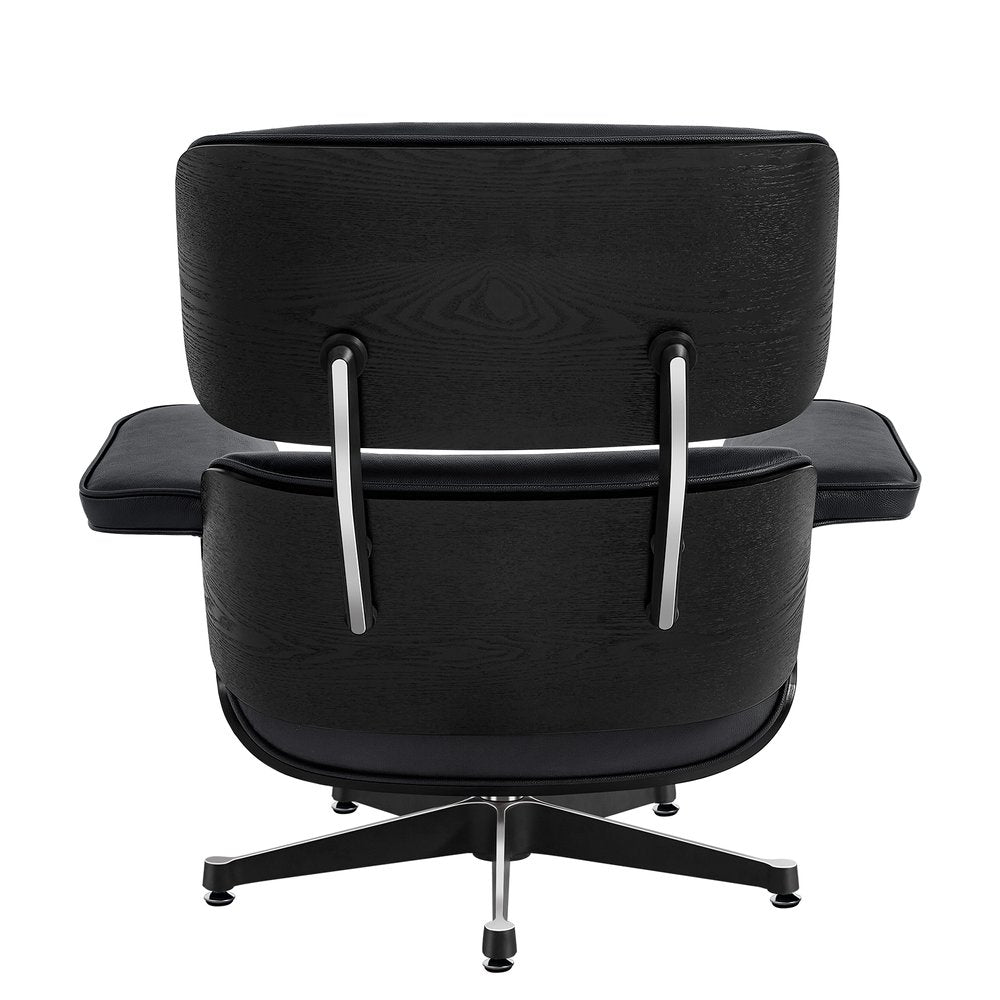35" Black Genuine Leather Tufted Swivel Lounge Chair With Ottoman