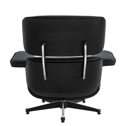 35" Black Genuine Leather Tufted Swivel Lounge Chair With Ottoman