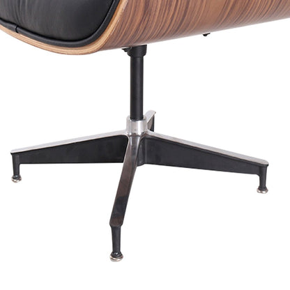 35" Black and Brown Genuine Leather Tufted Swivel Lounge Chair With Ottoman