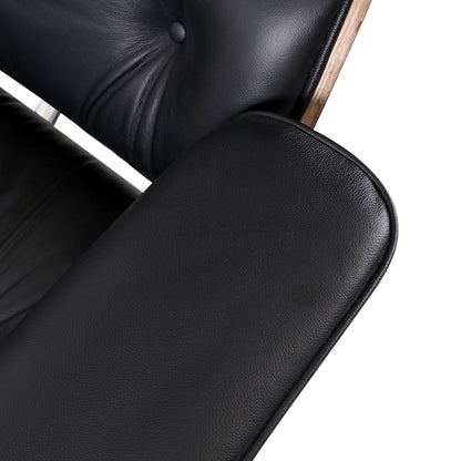 35" Black and Brown Genuine Leather Tufted Swivel Lounge Chair With Ottoman