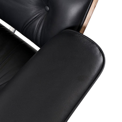 35" Black and Brown Genuine Leather Tufted Swivel Lounge Chair With Ottoman