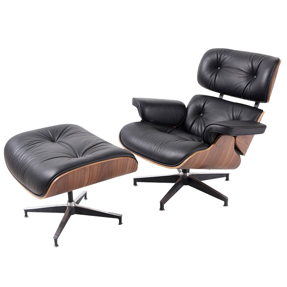 35" Black and Brown Genuine Leather Tufted Swivel Lounge Chair With Ottoman