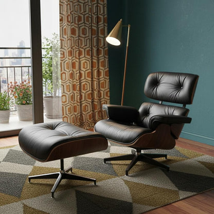 35" Black and Brown Genuine Leather Tufted Swivel Lounge Chair With Ottoman