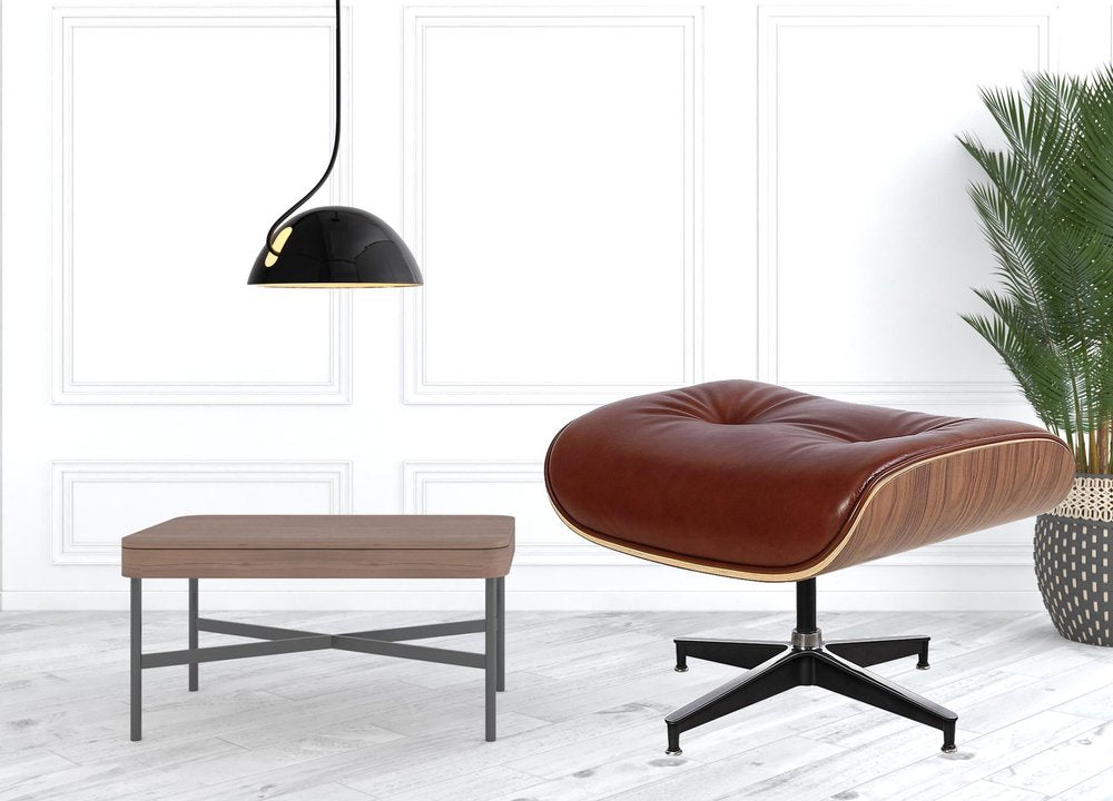 35" Brown Genuine Leather Tufted Swivel Lounge Chair With Ottoman