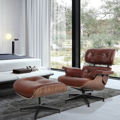 35" Brown Genuine Leather Tufted Swivel Lounge Chair With Ottoman