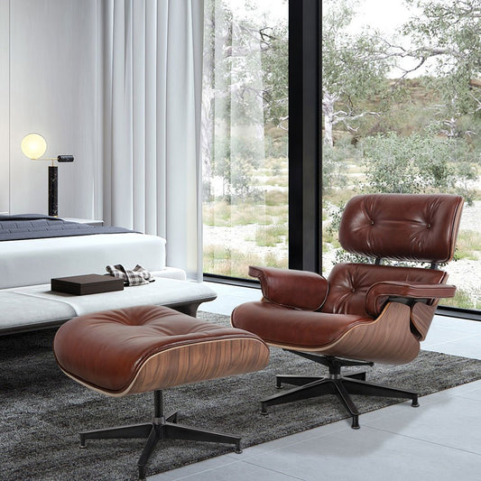 35" Brown Genuine Leather Tufted Swivel Lounge Chair With Ottoman