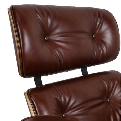 35" Brown Genuine Leather Tufted Swivel Lounge Chair With Ottoman