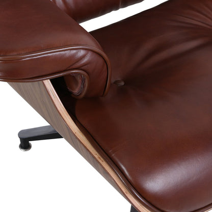35" Brown Genuine Leather Tufted Swivel Lounge Chair With Ottoman