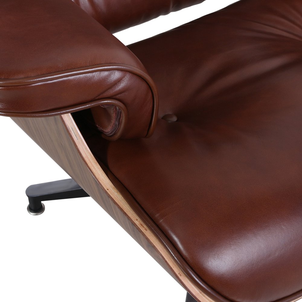35" Brown Genuine Leather Tufted Swivel Lounge Chair With Ottoman