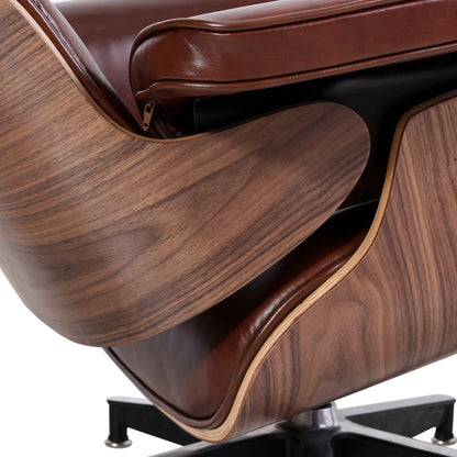 35" Brown Genuine Leather Tufted Swivel Lounge Chair With Ottoman