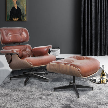 35" Brown Genuine Leather Tufted Swivel Lounge Chair With Ottoman