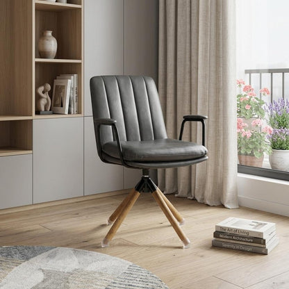 23" Gray And Natural Faux Leather Swivel Arm Chair