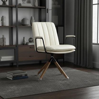 23" Off White Faux Leather And Brown Swivel Arm Chair